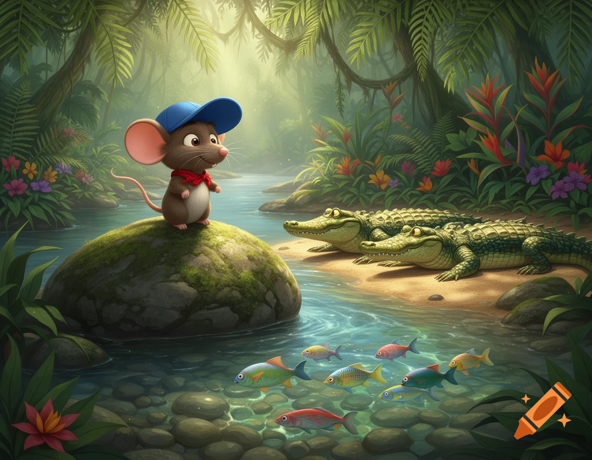 A cartoon mouse in a blue cap stands on a mossy rock in a jungle river, with two crocodiles on the bank and fish in the water.
