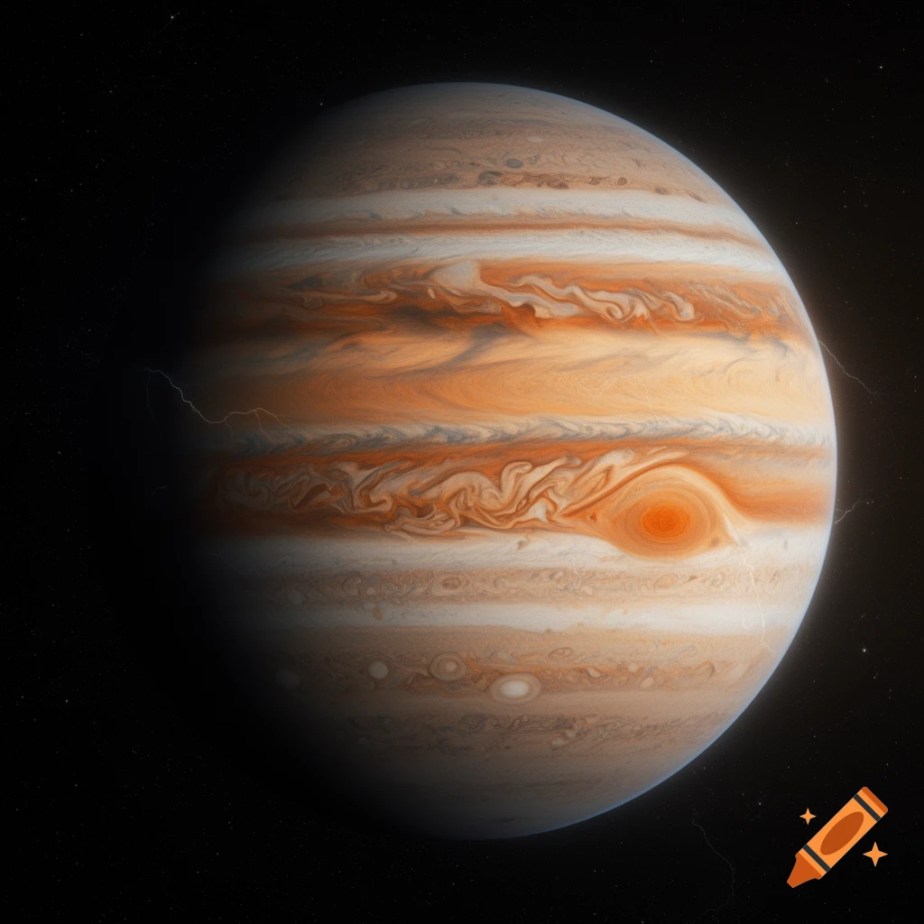 A photorealistic depiction of a stormy Jupiter, showing its swirling orange and white cloud bands, the Great Red Spot, and lightning on its dark side.