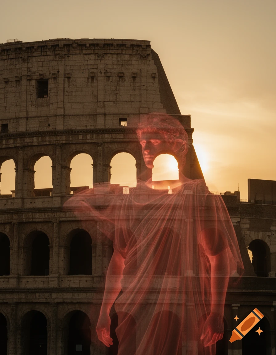A translucent, glowing Roman ghost figure stands in front of the Colosseum at sunset.
