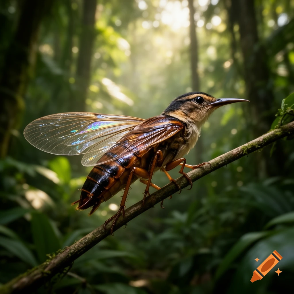 A unique bird-insect hybrid with iridescent wings perches on a branch in a sunlit rainforest.
