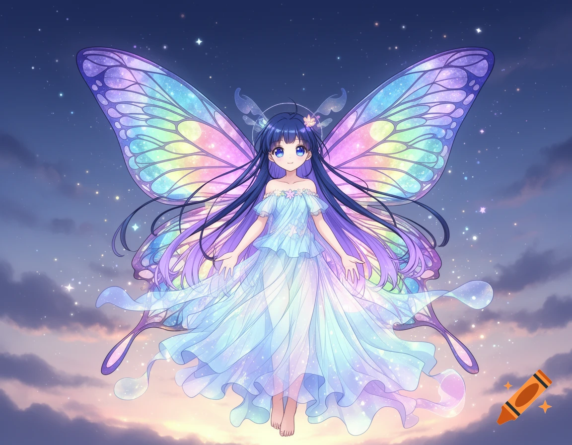 An anime girl with long dark hair, blue eyes, and large iridescent rainbow butterfly wings, wearing a flowing light blue and purple dress, floats in a starlit sky with clouds.