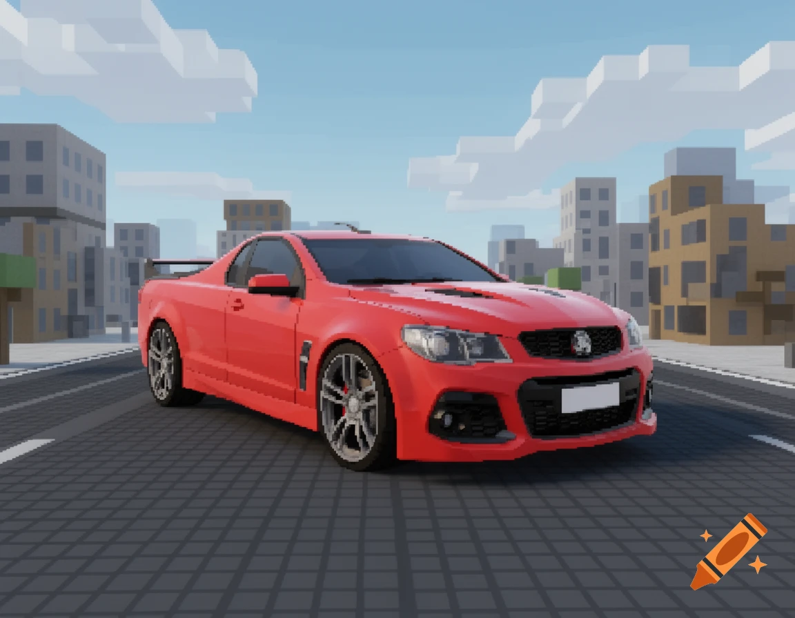 A red HSV Maloo ute in a blocky, voxel-style city environment under a blue sky with blocky clouds.