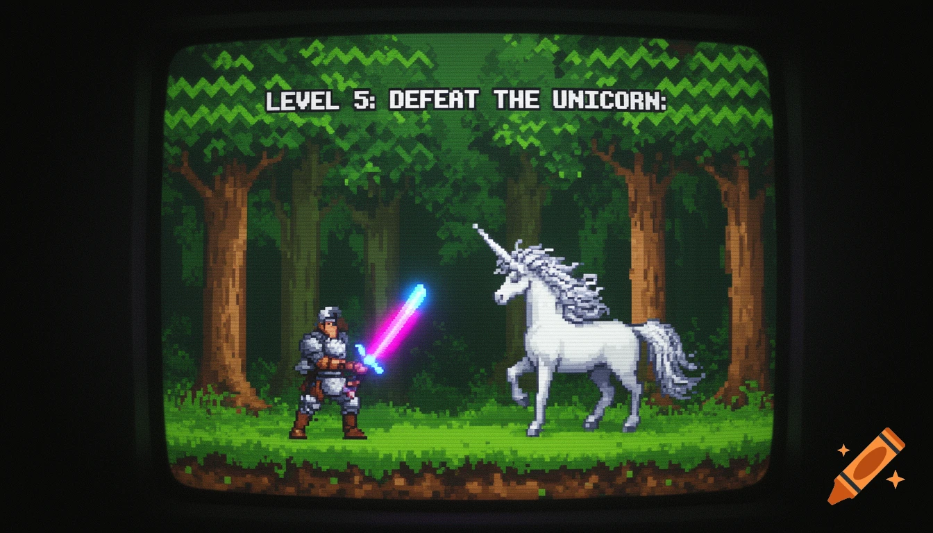 A retro pixel art video game screen shows a knight with a glowing sword facing a unicorn in a forest. Text reads, 'LEVEL 5: DEFEAT THE UNICORN'.