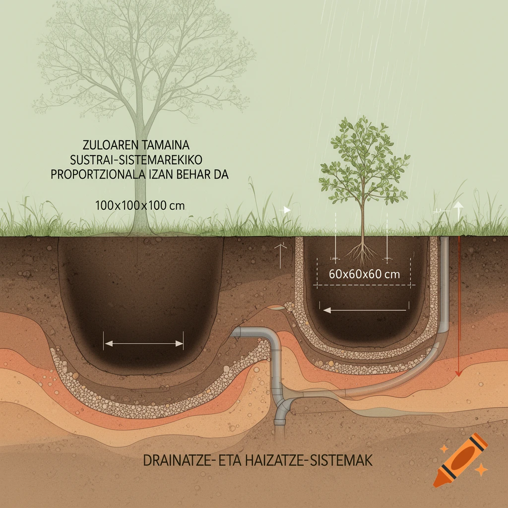 Diagram illustrating tree planting with cross-sections of soil, showing recommended hole sizes, root systems, and drainage pipes.