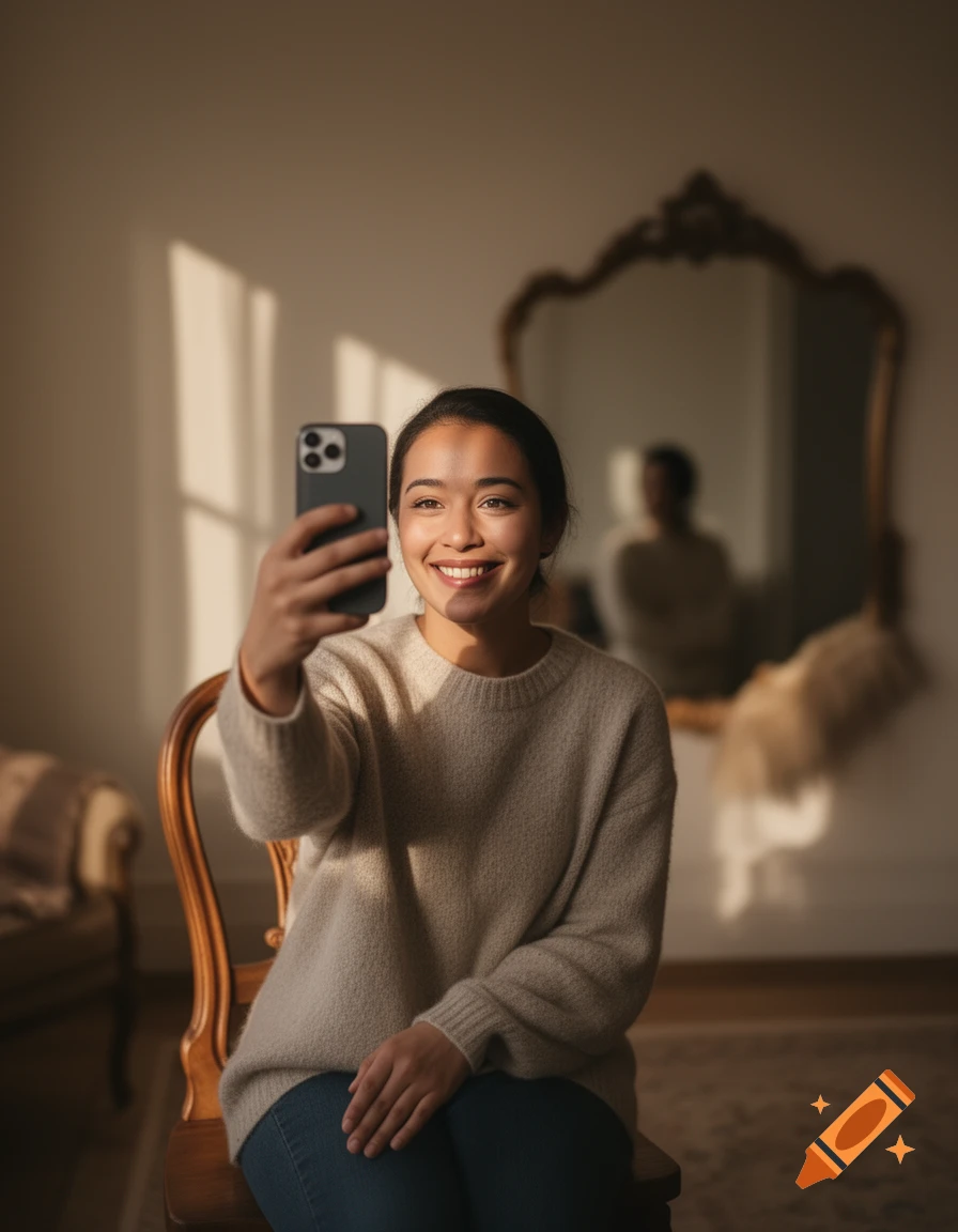 A smiling woman in a sweater takes a selfie in a sunlit room, with a blurred figure in a mirror behind her.