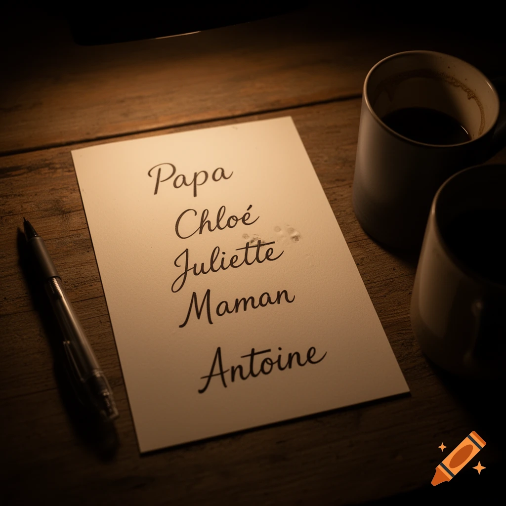 A piece of paper with a list of names "Papa, Chloé, Juliette, Maman, Antoine" written in cursive, next to a pen and coffee mugs on a wooden table.