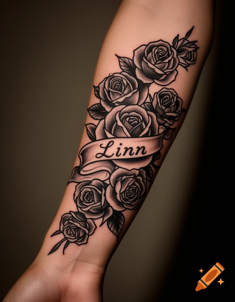 Traditional black and grey tattoo of roses with a 'Linn' banner on a person's forearm.