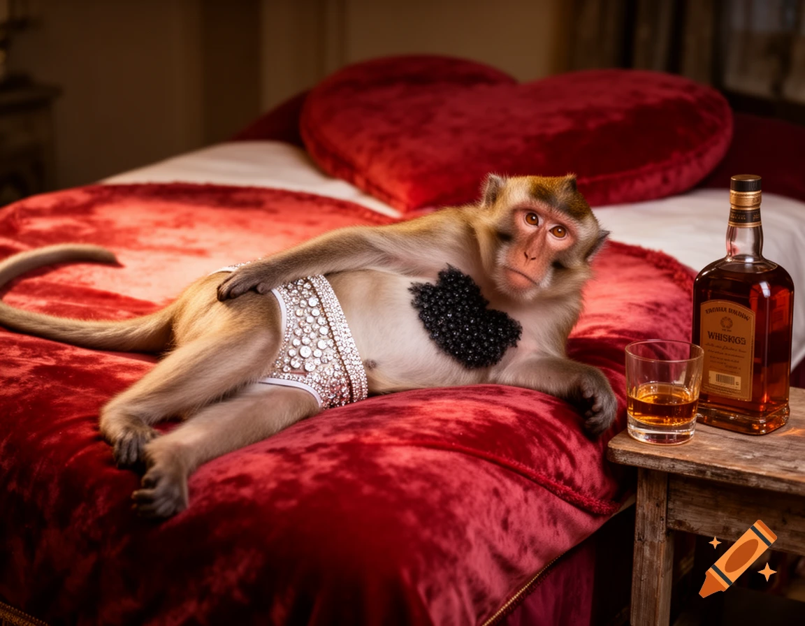 A rhesus macaque lounges on a red, heart-shaped bed, wearing diamond-studded underpants and with black beads on its chest. A bottle and glass of whiskey sit on a nightstand.