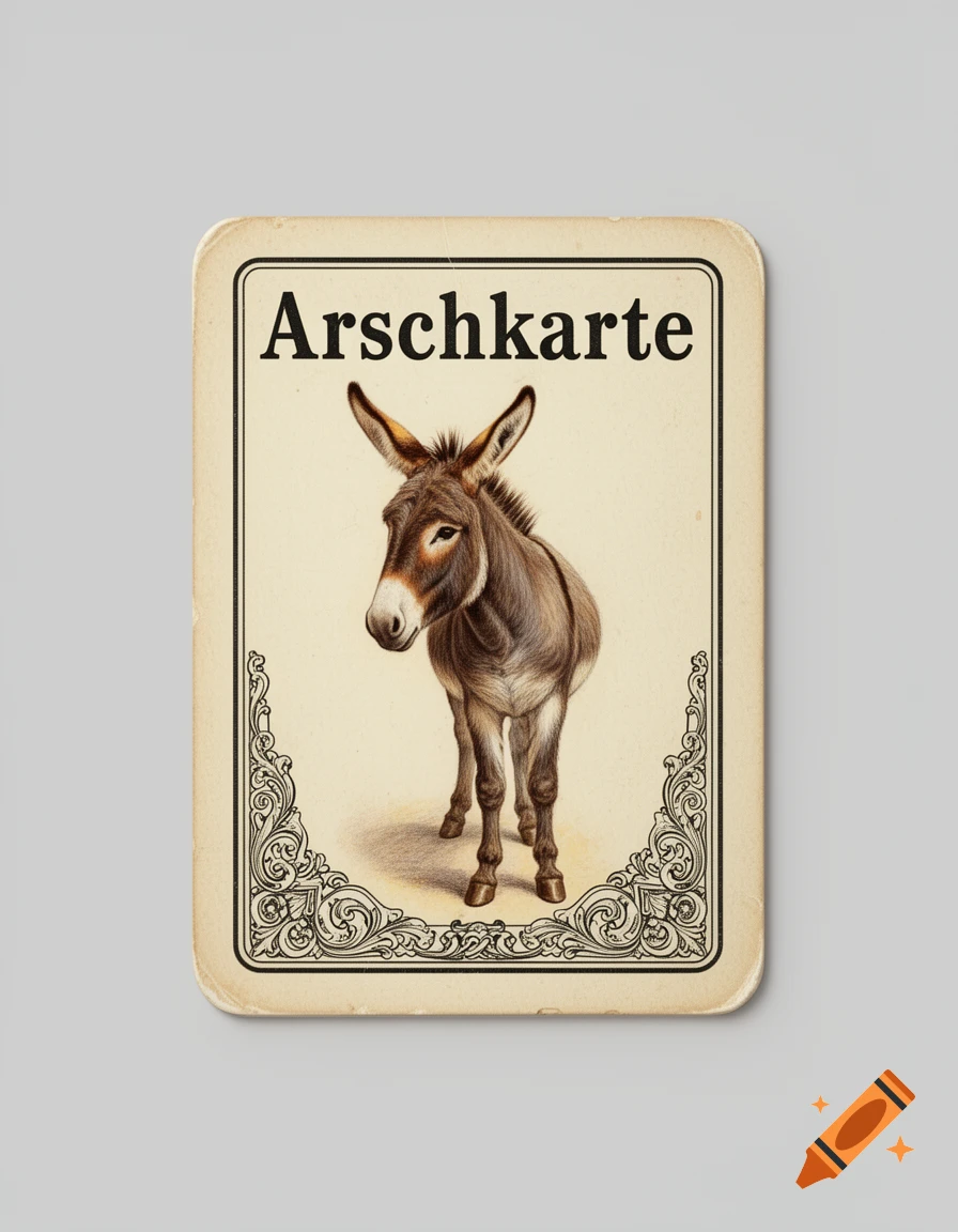 Vintage playing card featuring a donkey illustration and the word 'Arschkarte' at the top.