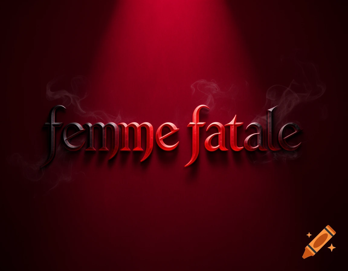 Stylized red and black text 'femme fatale' with smoke on a dark red background.
