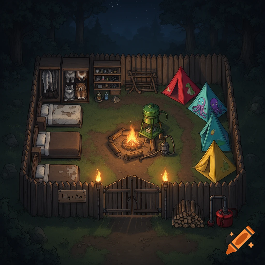 Detailed top-down view of a fenced survival camp at night with a campfire, tents, beds, and supplies.