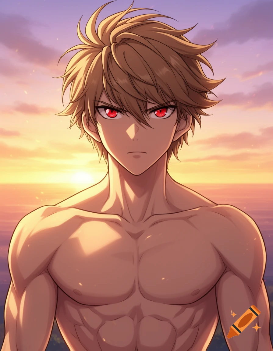 An anime boy with light brown spiky hair and glowing red eyes, shirtless with toned abs, stands against a vibrant sunset.