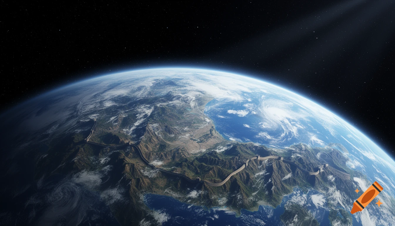 Photorealistic satellite view of Earth from space, showing the Great Wall of China winding across mountains with clouds and oceans.