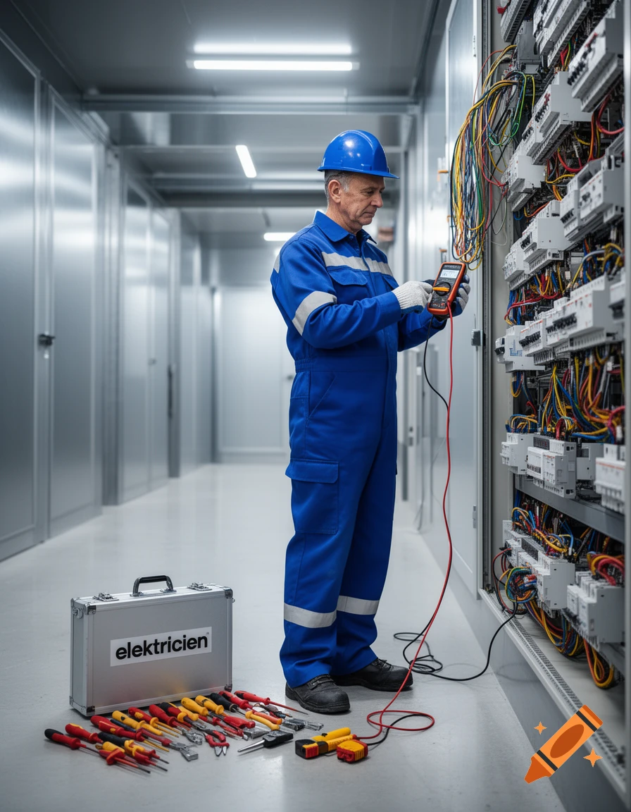 An electrician in a blue jumpsuit and hard hat inspects an electrical panel with a multimeter, a toolbox and tools on the floor.