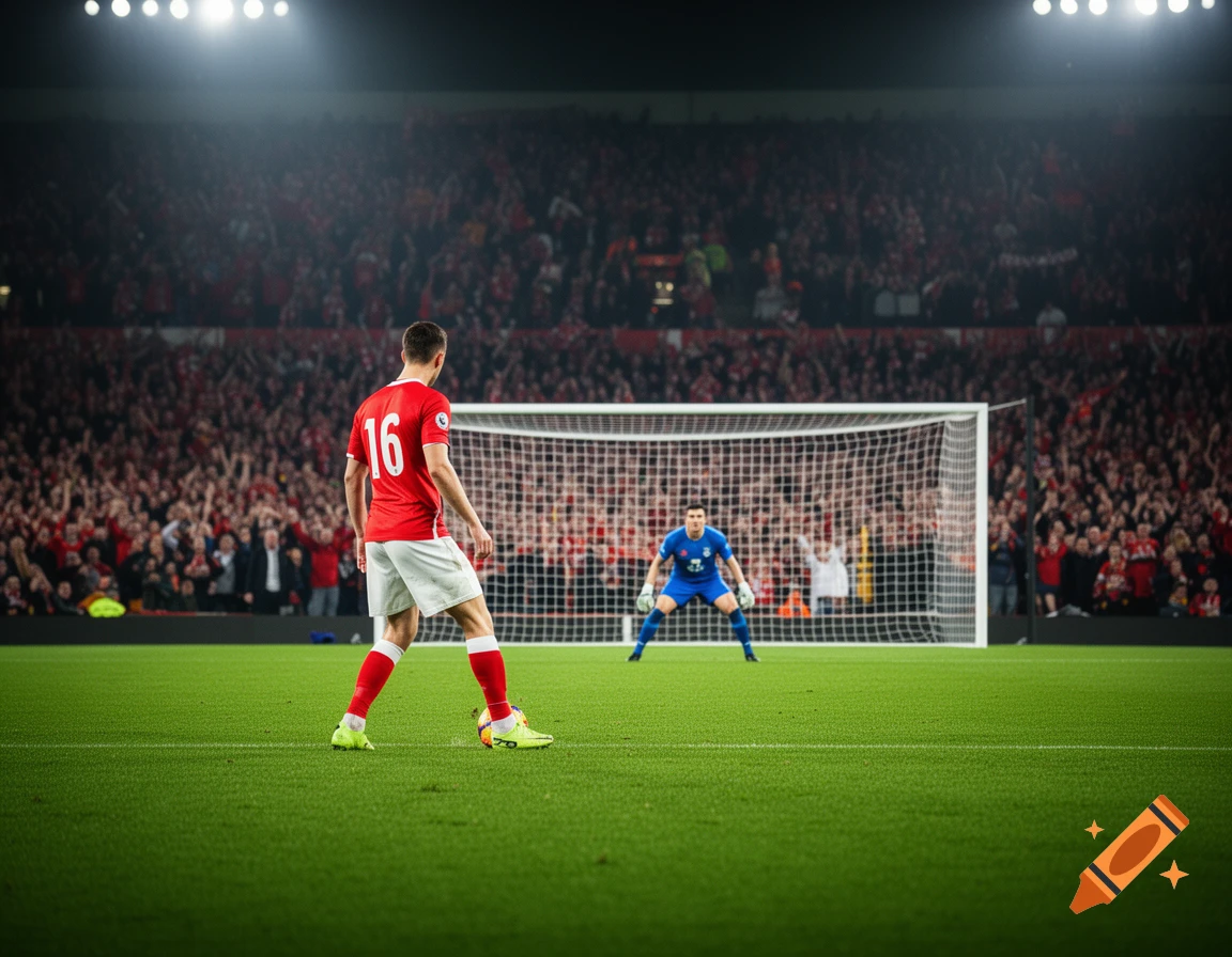 A photorealistic image of a football player in a red jersey with number 16, preparing for a penalty kick against a goalie in a packed stadium.