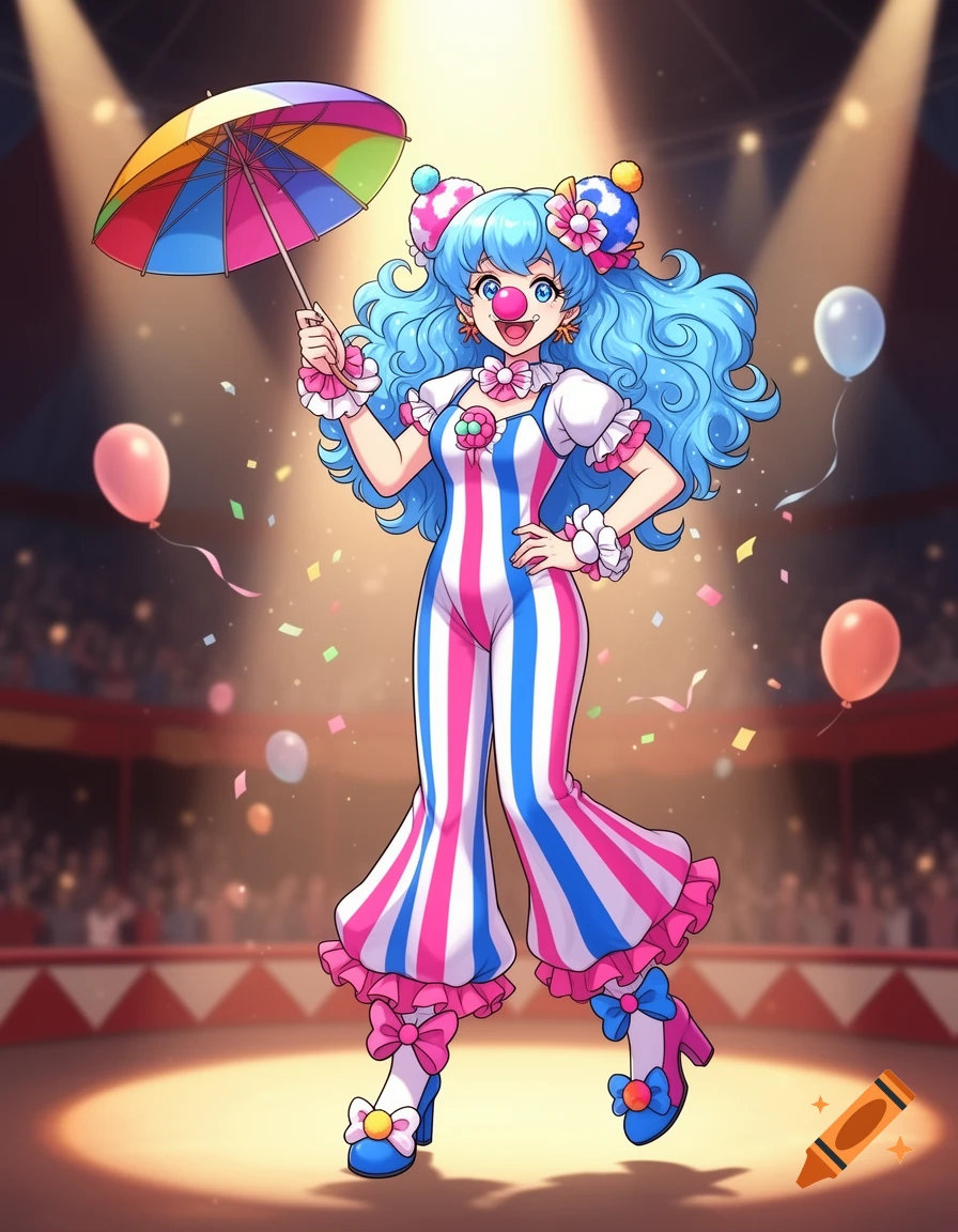 Anime clown girl with blue hair, a pink clown nose, and a striped outfit, holding a rainbow umbrella on a circus stage.