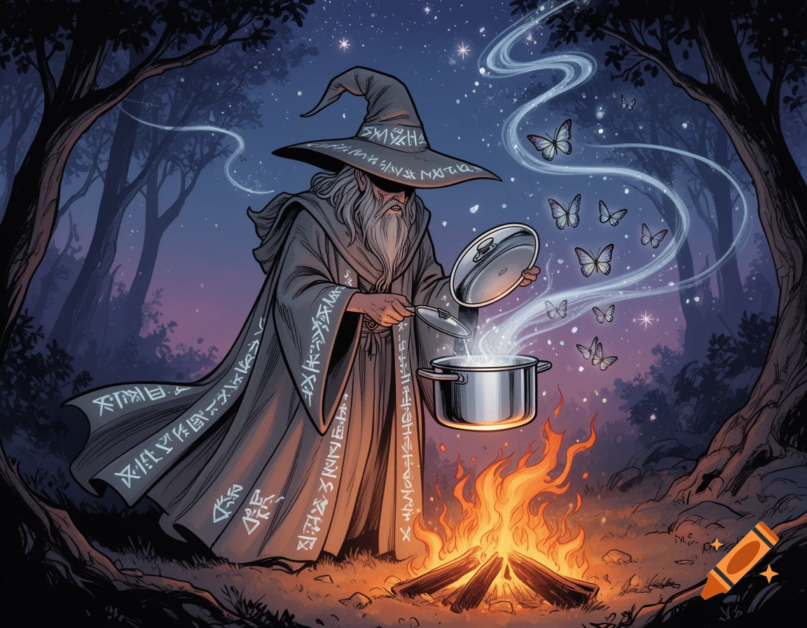 Comic drawing of a grey wizard cooking butterfly soup in a pot over a campfire in a dark forest at night, with glowing butterflies.