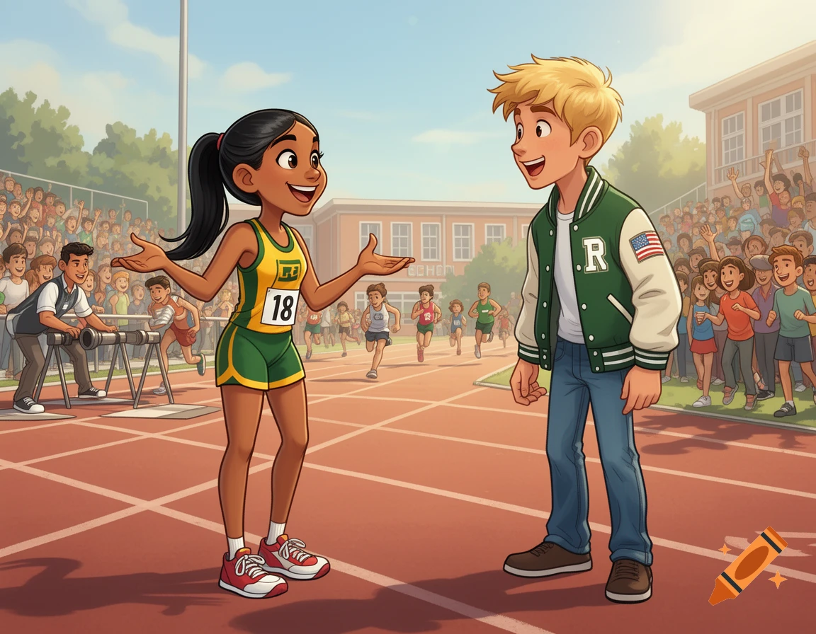 A cartoon of a smiling high school track runner girl talking to a boy in a letterman jacket on a track field, with a crowd and school in the background.