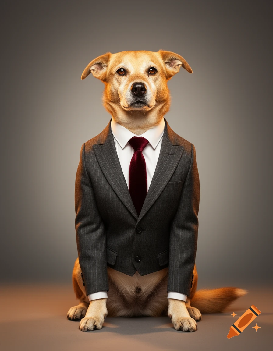 A photorealistic dog sits upright, wearing a grey pinstriped business suit and a red tie, against a grey background.