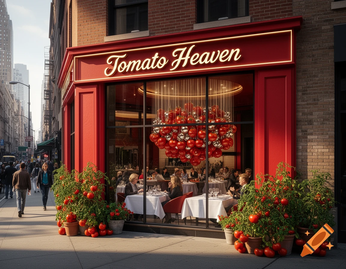 A photorealistic image of a red restaurant called "Tomato Heaven" on a city street, with potted tomato plants outside. People dine inside, and pedestrians walk by.