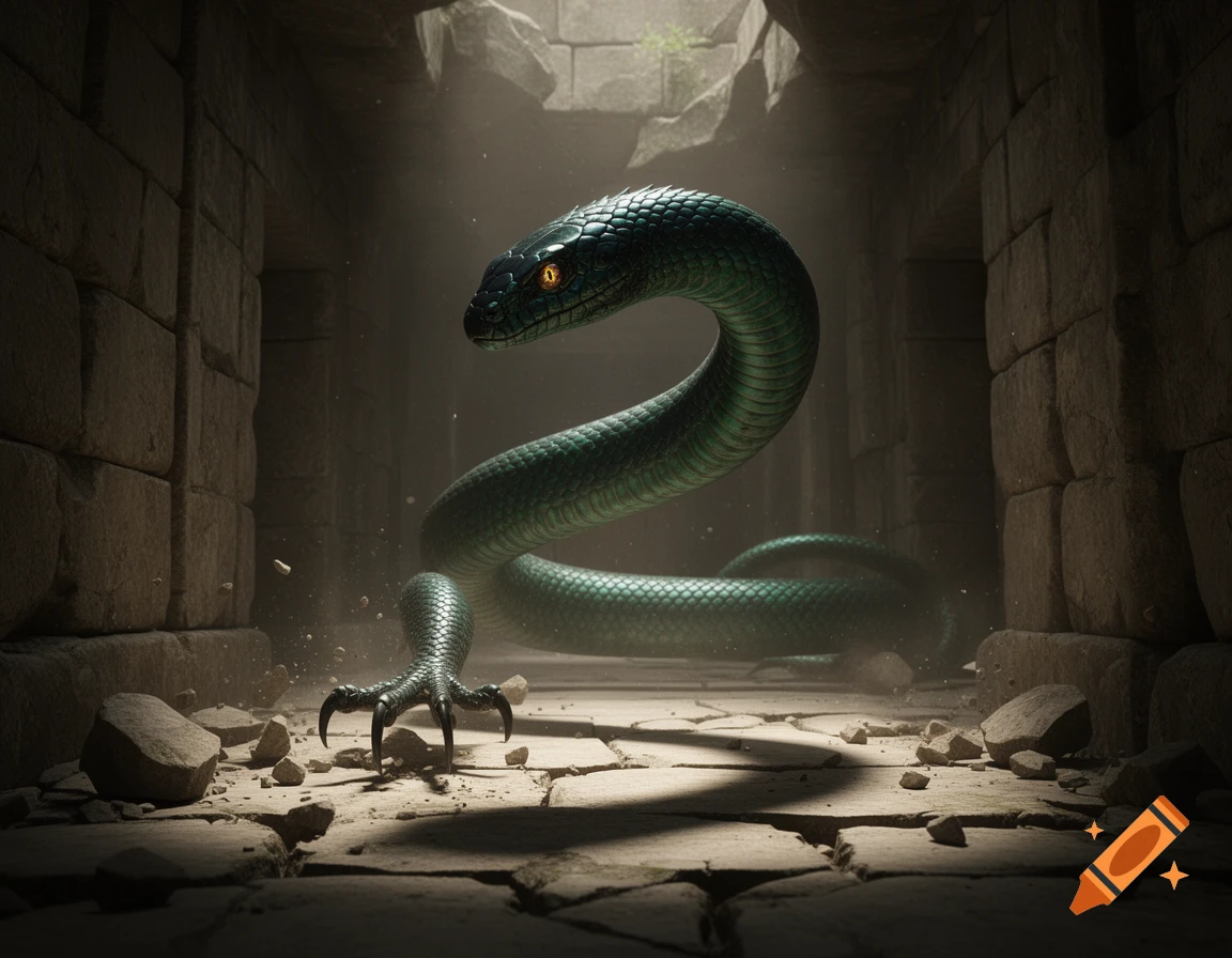 A green serpentine basilisk with glowing eyes and two taloned legs emerges from broken flagstones in a dark, ancient stone corridor.