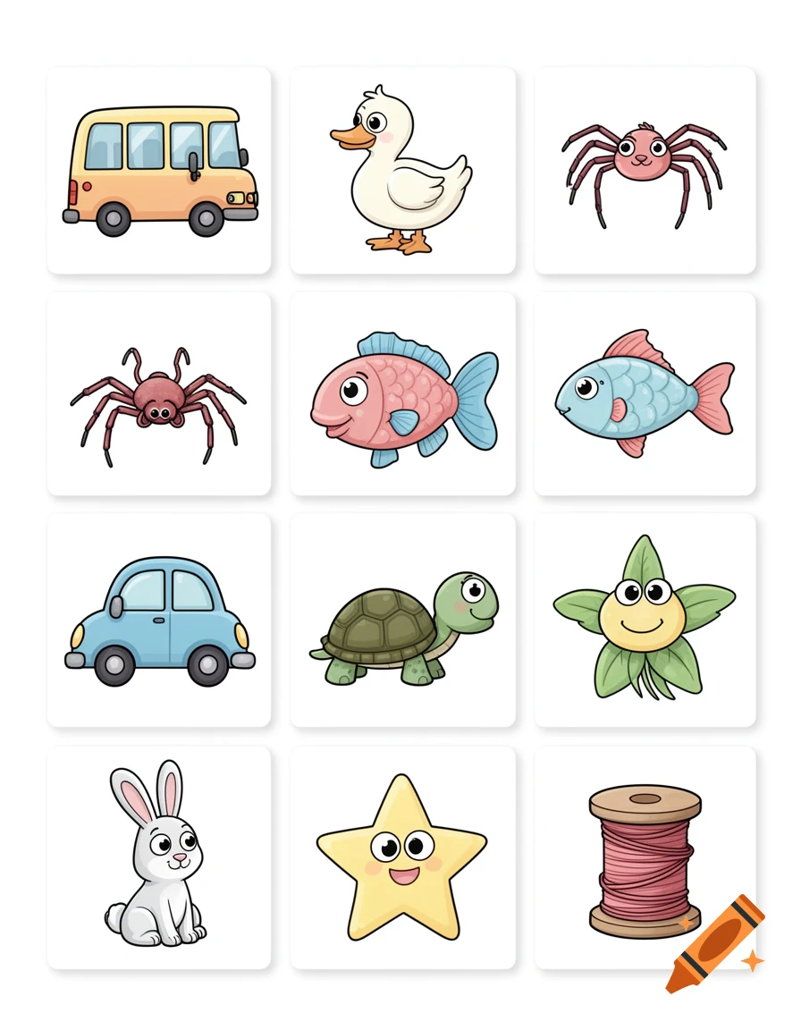 A grid of cute cartoon flashcards featuring a bus, duck, spider, fish, car, turtle, rabbit, star, and bobbin on a white background.