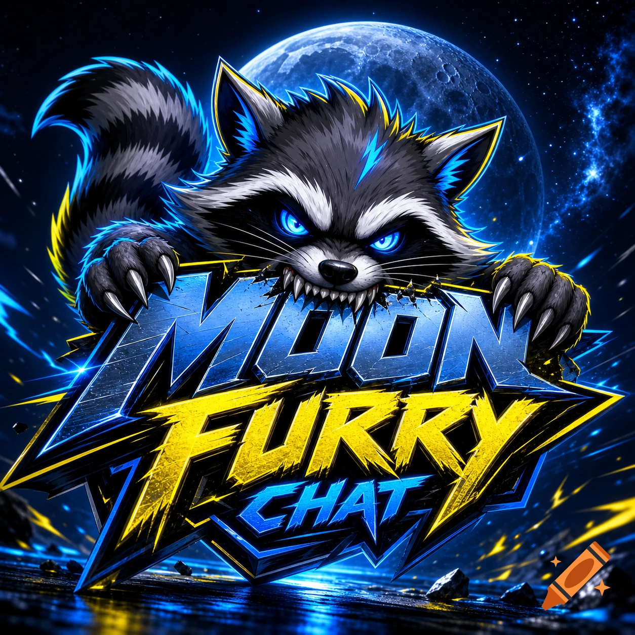 Esports logo featuring an aggressive raccoon biting glowing 'MOON FURRY CHAT' text against a moonlit space background.