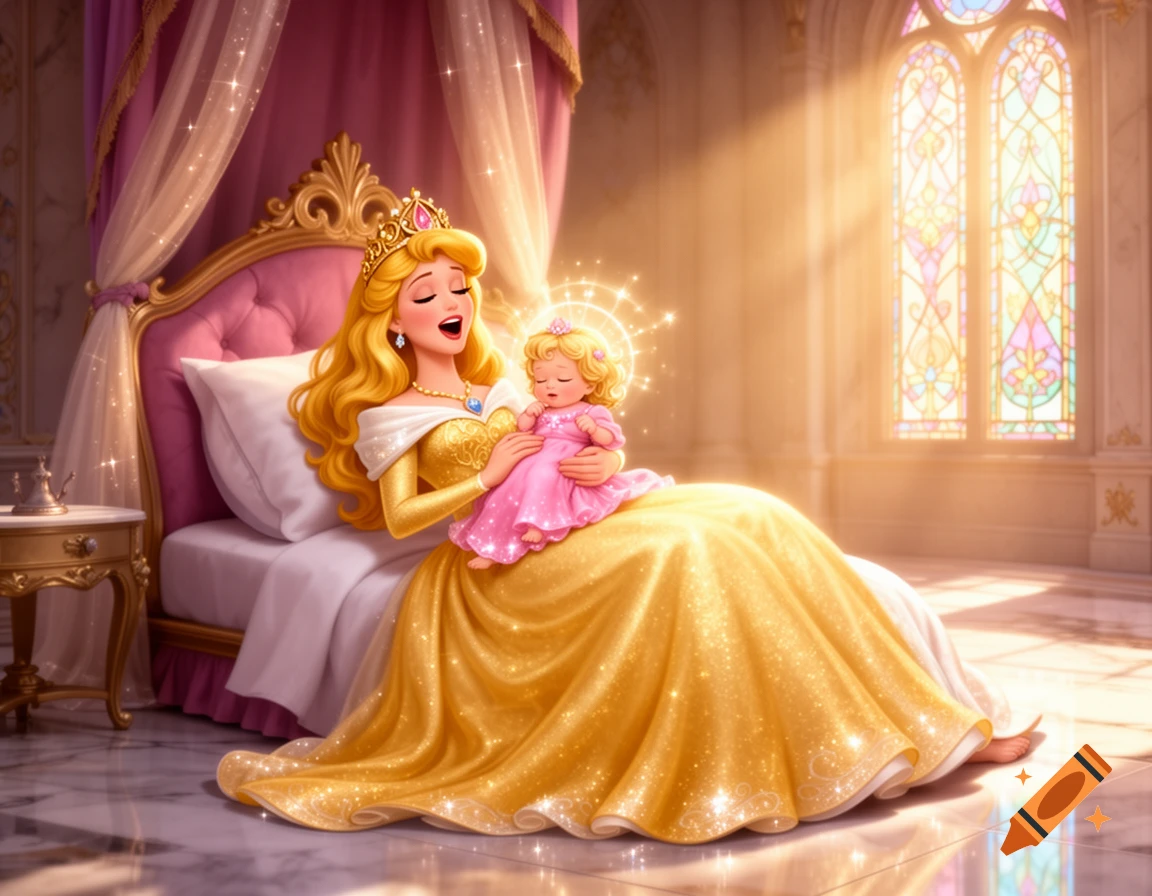 Cartoon illustration of a queen with a golden crown and dress cuddling a baby princess in a pink dress on a bed in a sunny castle.