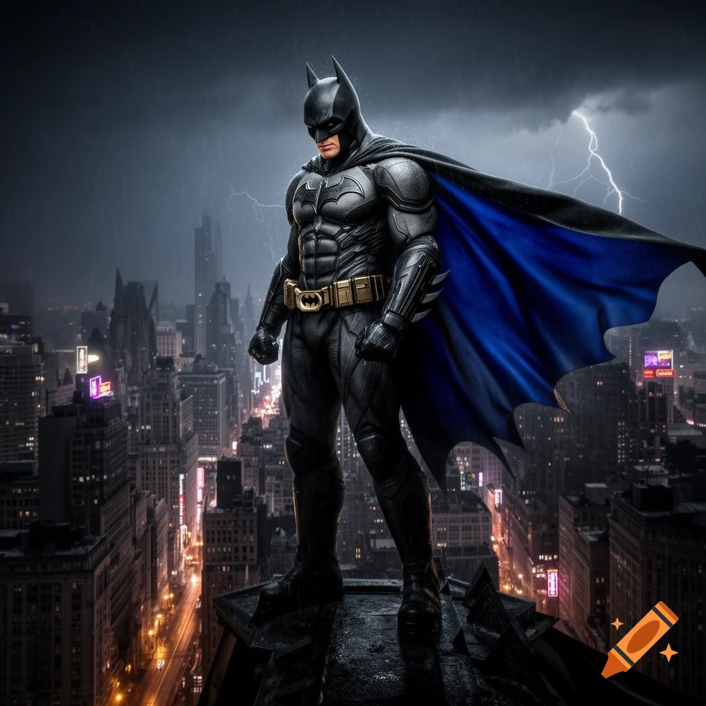 Batman in a dark suit and blue cape stands on a rooftop overlooking a rainy, lightning-struck city at night.