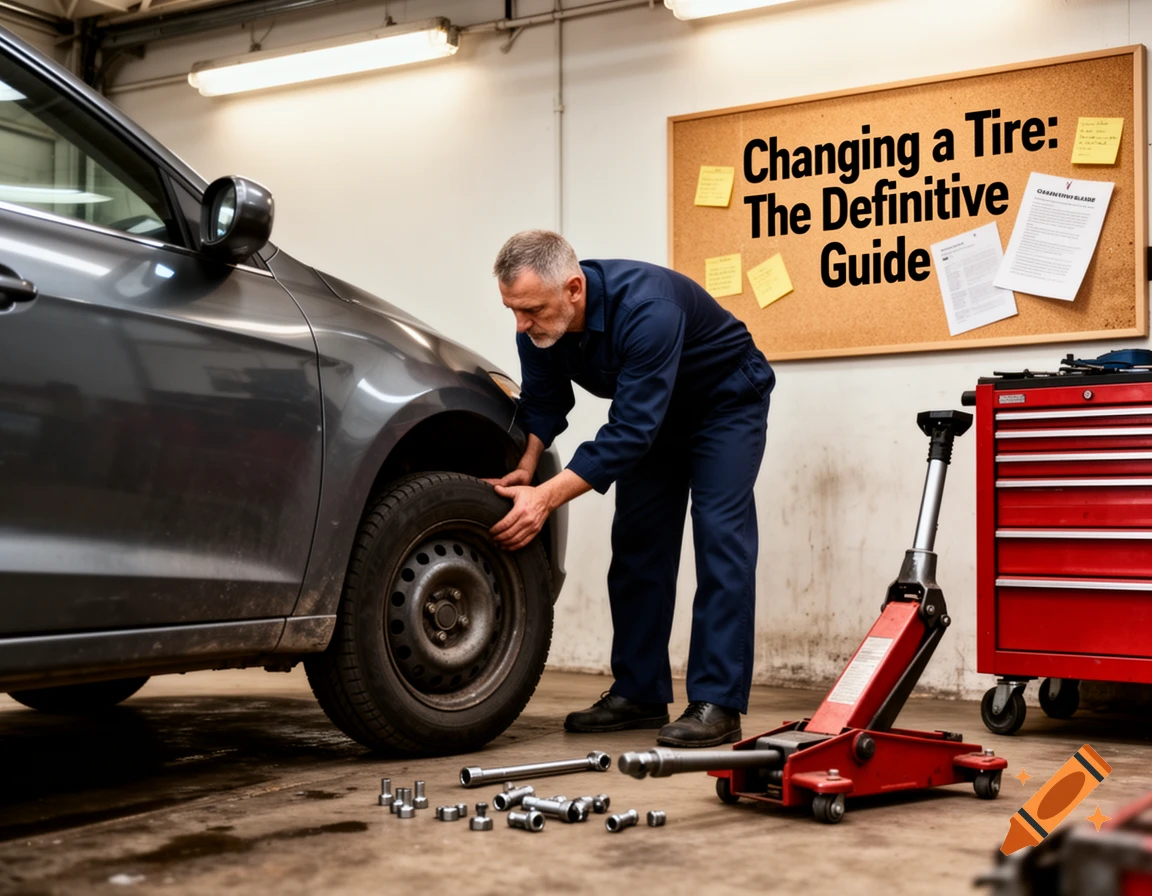 A mechanic in a garage kneels to change a tire on a gray car, with a jack and tools nearby, and a cork board sign.