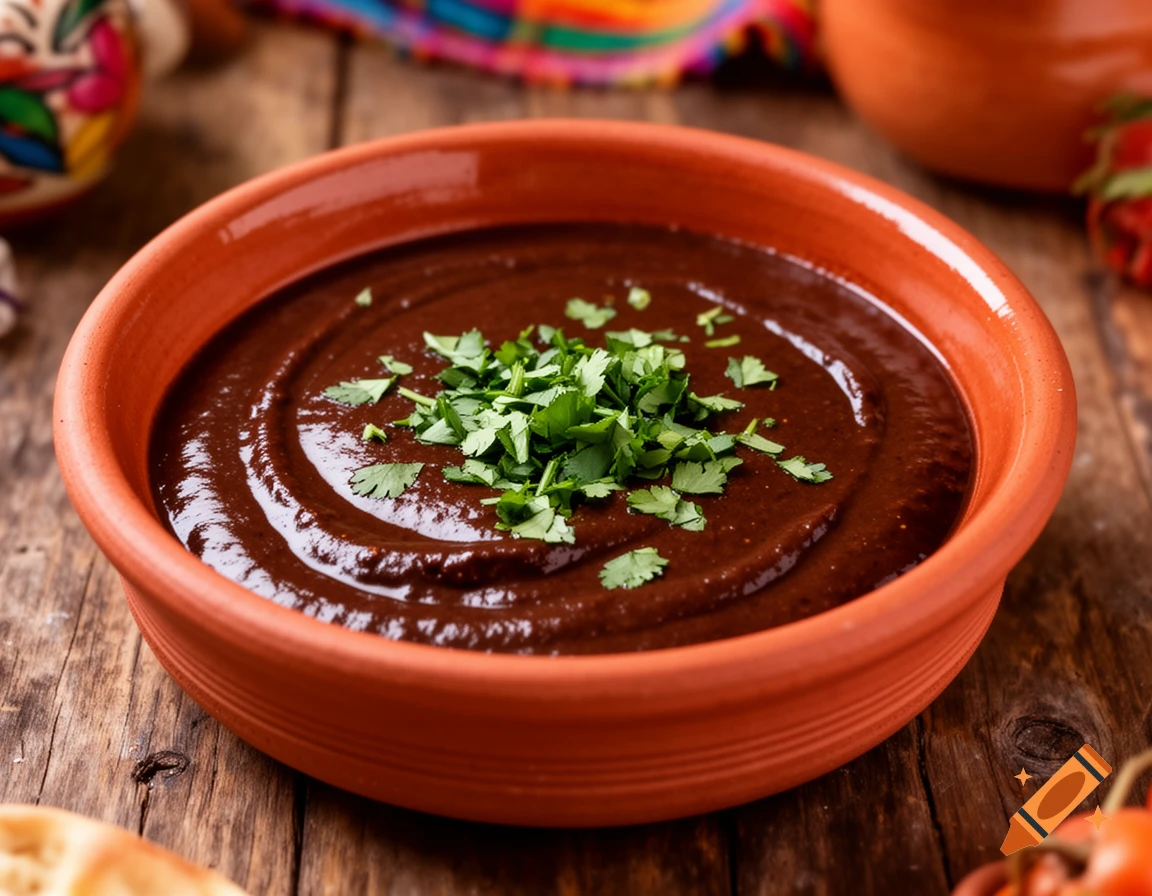 Mole sauce with fresh cilantro in a terracotta bowl on a rustic wooden table.