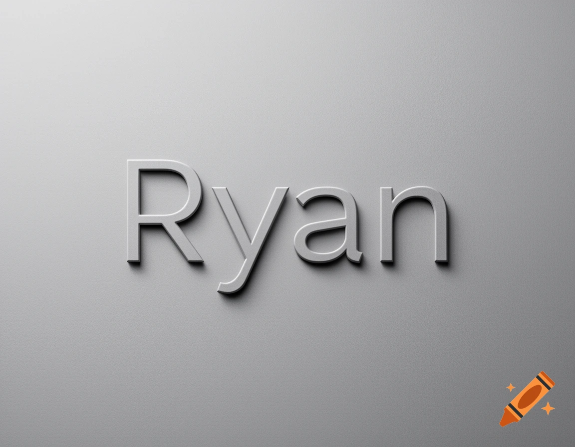 The name Ryan rendered in a clean, modern 3D white font on a grey background, creating a subtle embossed effect.