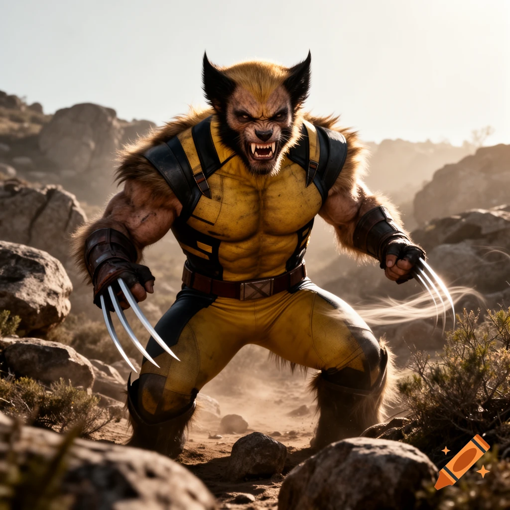 Photorealistic Wolverine-Sabertooth fusion with yellow and black costume, claws, fur, and sharp teeth, crouched in a rocky desert.