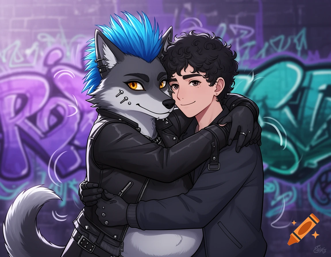 An anthropomorphic gray punk wolf with a blue mohawk hugs a young man with curly dark hair, both wearing black leather jackets, against a purple graffiti wall.