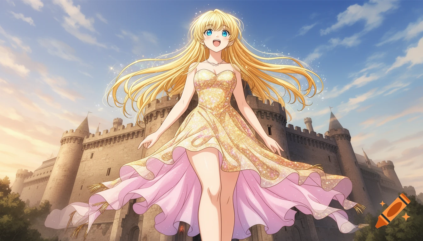 An anime woman with blonde hair and a sparkly gold and pink dress smiles against a large castle backdrop under a blue sky.