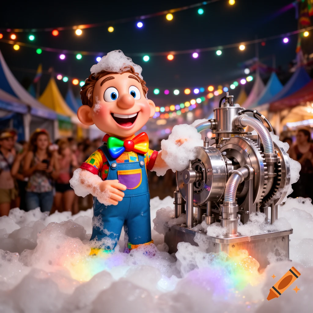 A happy cartoon character, Mr. Mixi, in blue overalls and a rainbow bow tie, stands in foam next to a foam machine at a vibrant night festival.