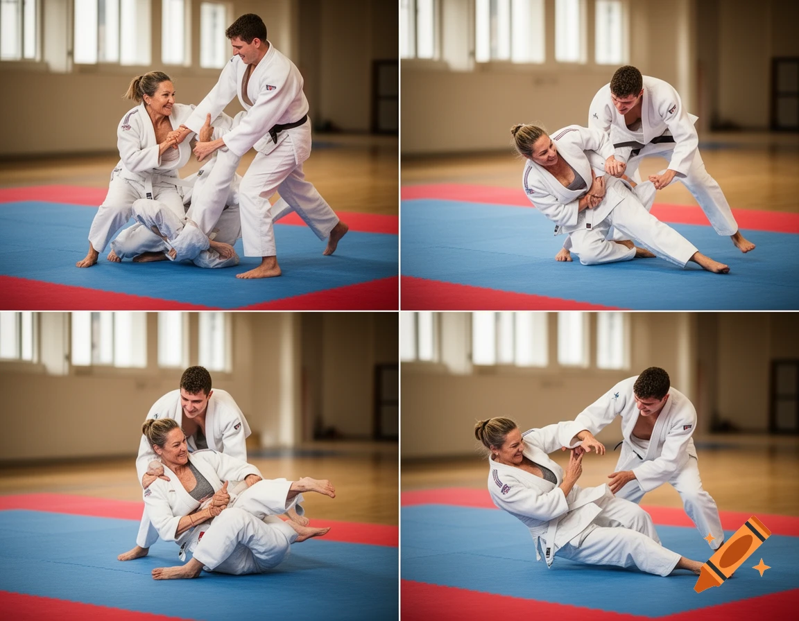 Four panels show a man and woman in white judo gis practicing throws and holds on a blue and red mat in a dojo.
