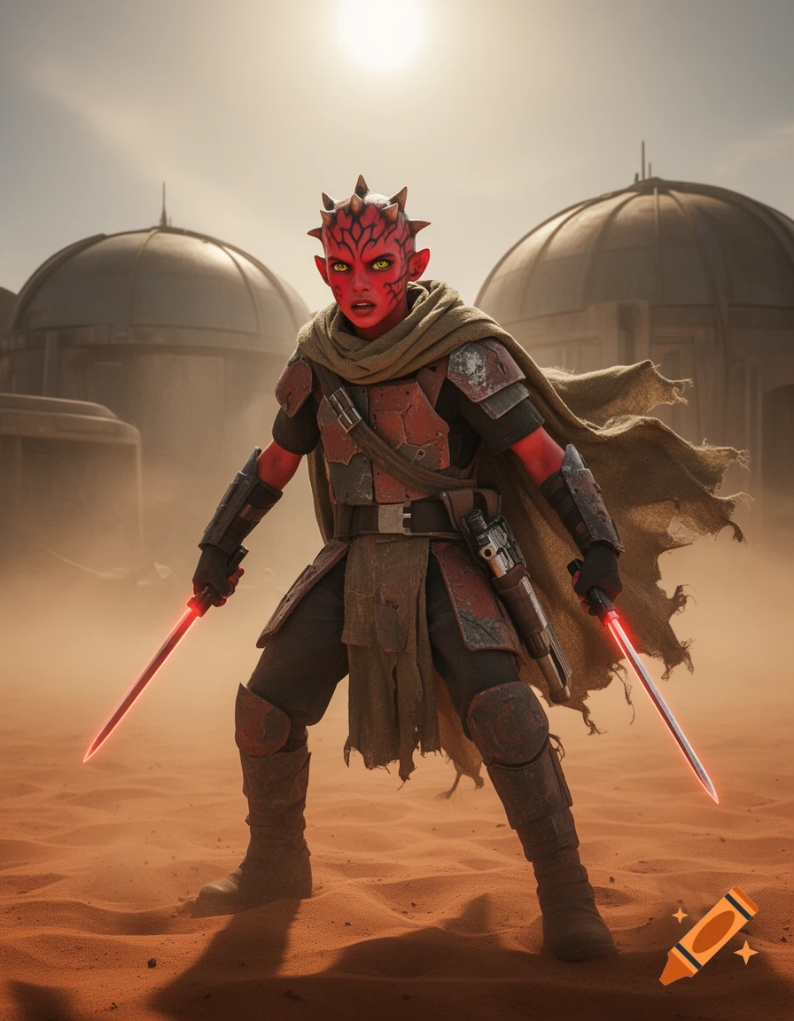 A young, red-skinned Zabrak warrior with horns and yellow eyes, wearing scavenged armor, stands in a dusty desert settlement holding twin red glowing blades. Photorealistic.
