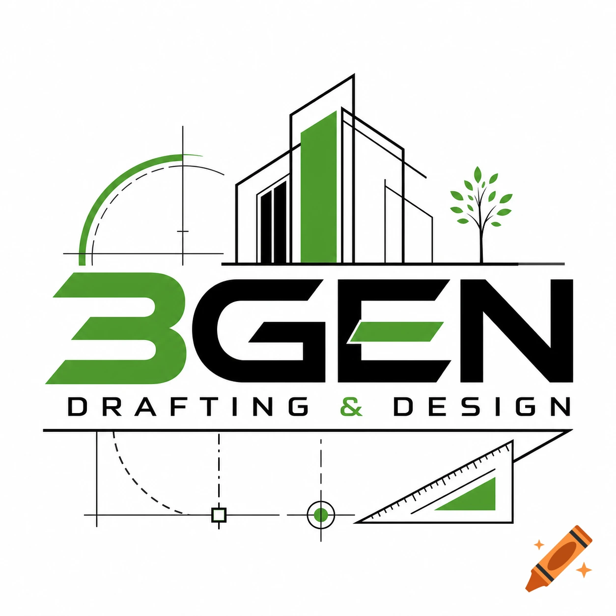Green and black logo for 3GEN Drafting & Design, featuring stylized buildings, a tree, and drafting tools.