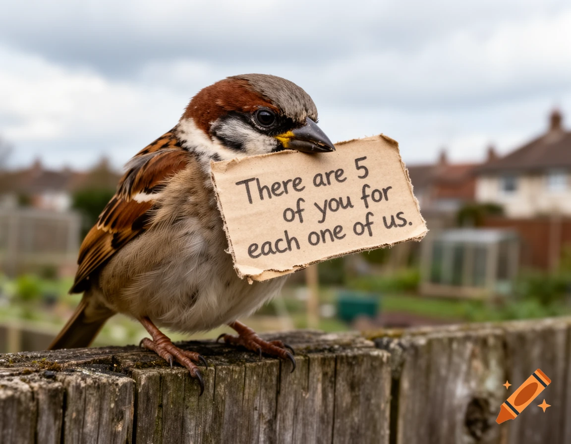 A photorealistic house sparrow on a wooden fence holds a cardboard sign that reads, 'There are 5 of you for each one of us.'