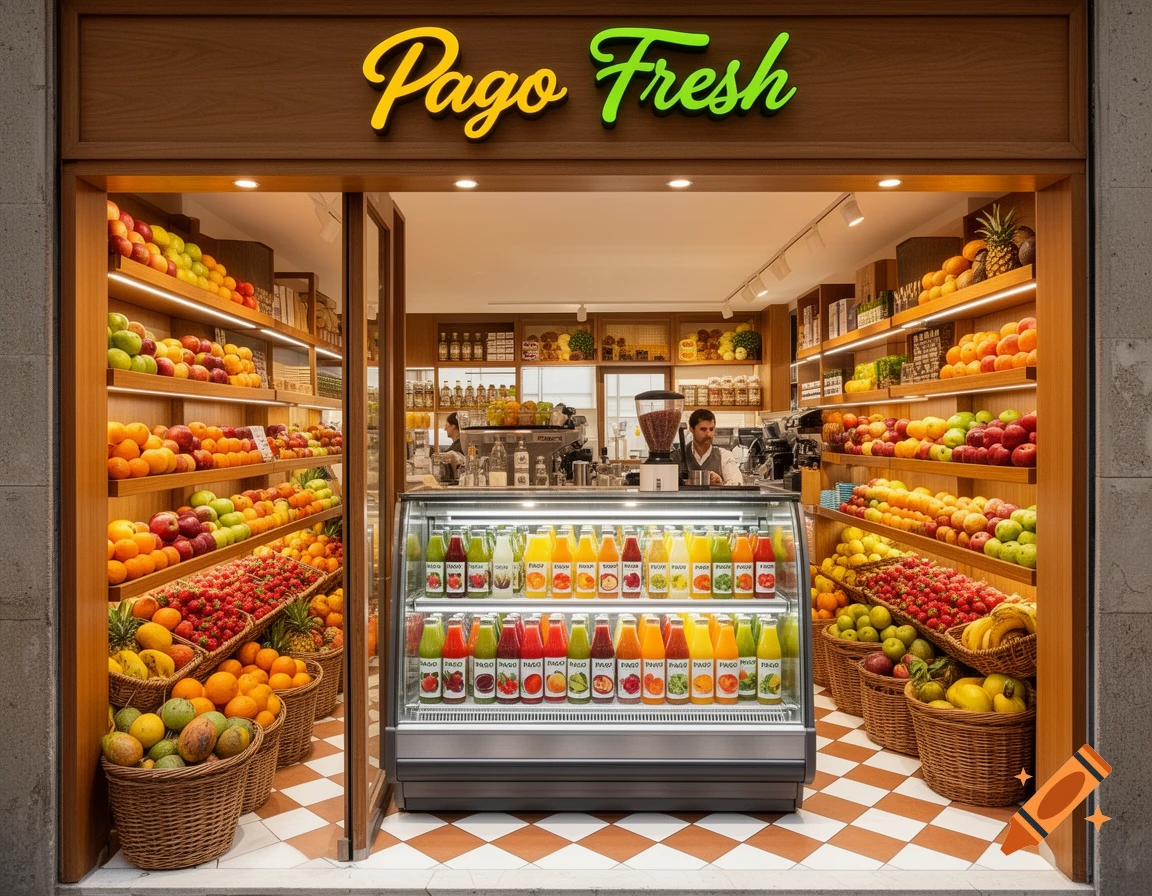 A vibrant fruit store named Pago Fresh, filled with baskets of colorful fresh fruits and a display cooler of juices.