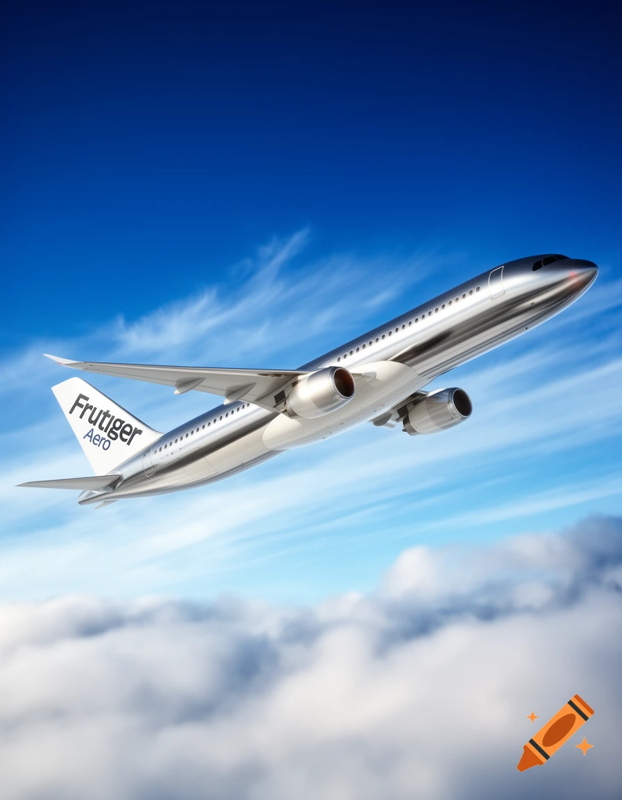 A shiny silver airplane with 'Frutiger Aero' on its tail flies upwards through a blue sky with white clouds below.