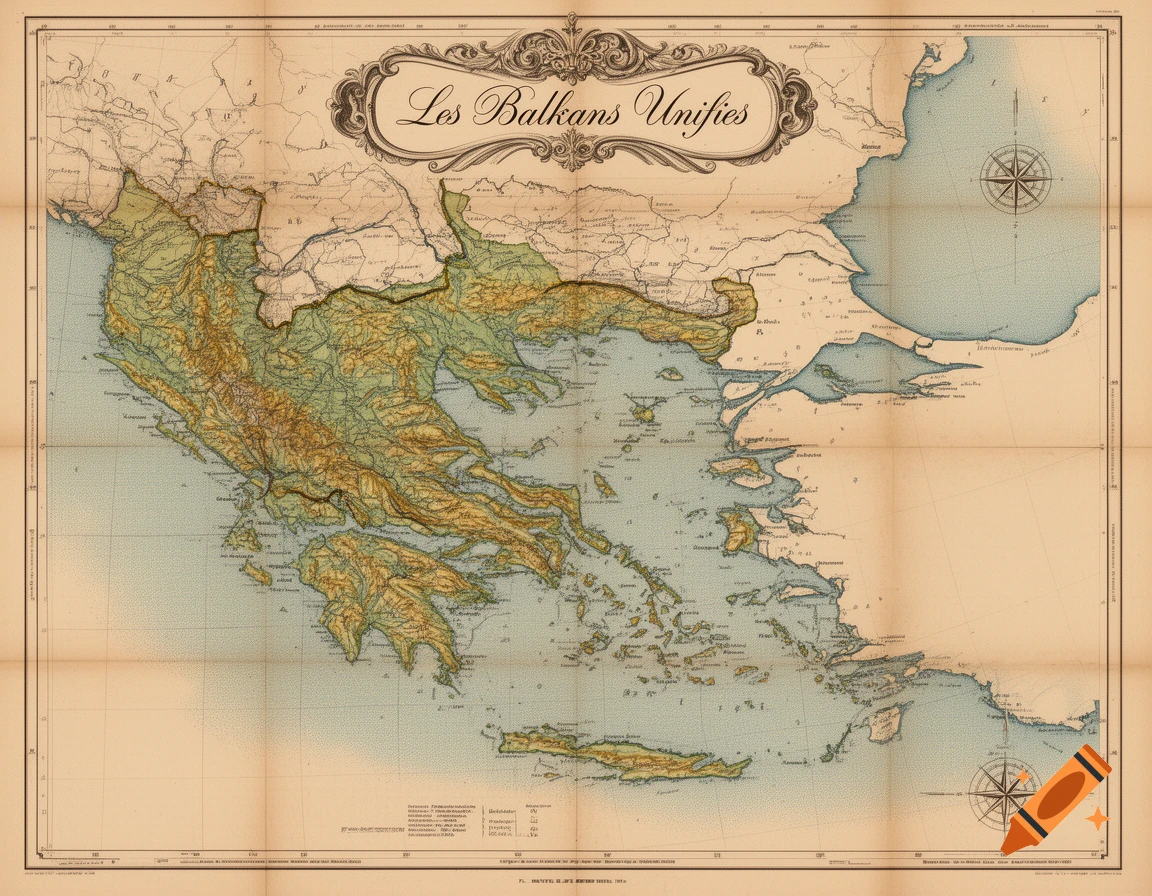 An antique-style map of the unified Balkans region with relief shading, a decorative title cartouche, and compass roses, resembling a 1910s map.