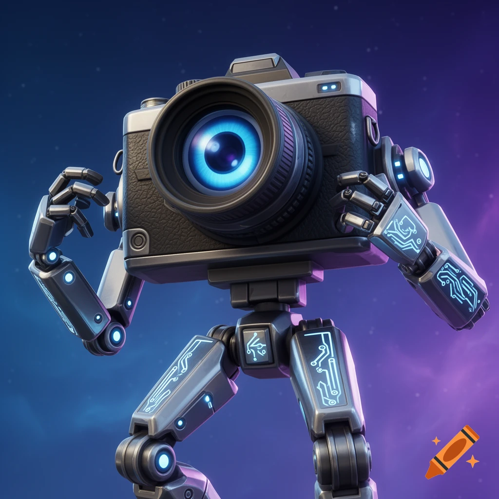 Stylized 3D render of a camera with glowing blue robotic arms, legs, and a bright blue eye for the lens, against a purple and blue background.