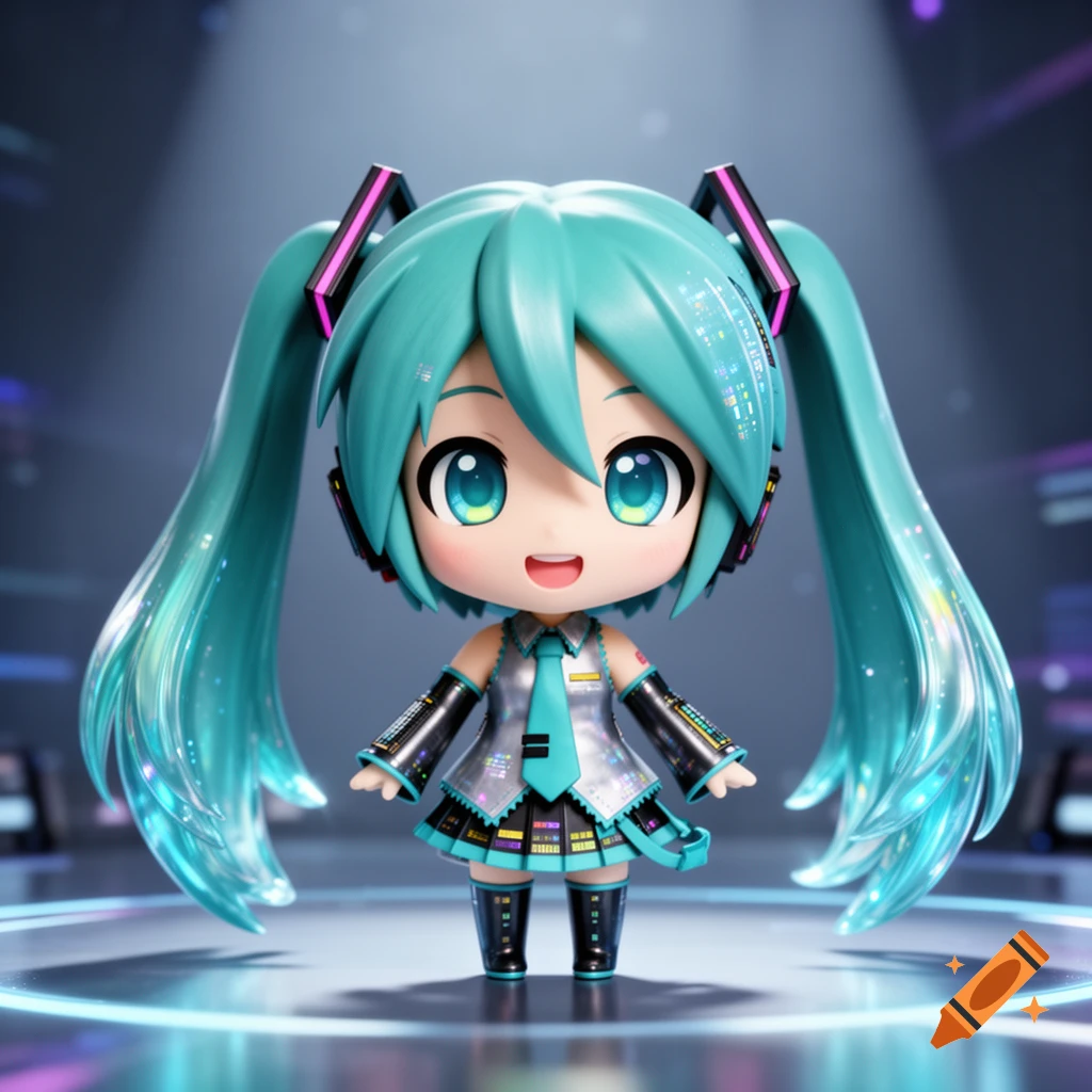 A shiny 3D render of a chibi Hatsune Miku, with vibrant teal pigtails, a white and black futuristic outfit, standing on a reflective surface with glowing blue lines.