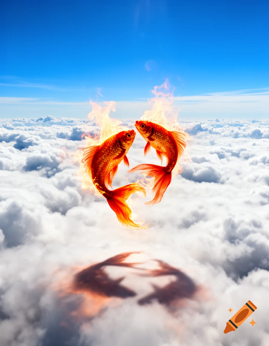 Two fiery goldfish dance above a sea of clouds under a blue sky, casting orange shadows on the white clouds.