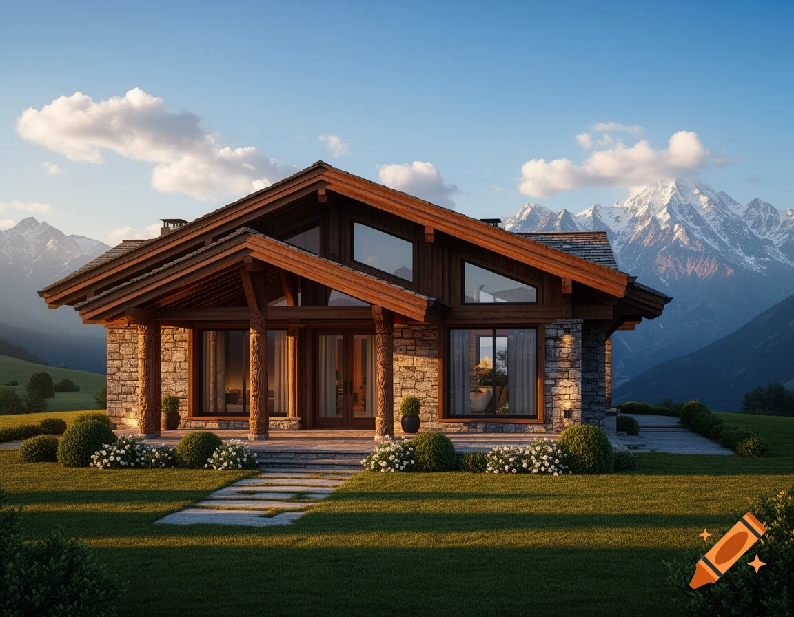 A rustic chalet with a dark wooden gabled roof and stone walls, surrounded by green lawns and distant snow-capped mountains under a clear blue sky.