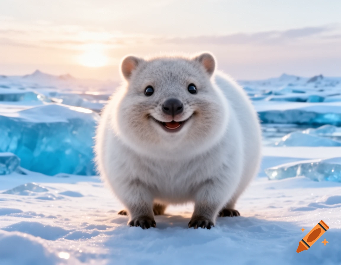 A cute, fluffy white quokka-bear hybrid smiles in a snowy Arctic landscape with ice and glowing sunlight.