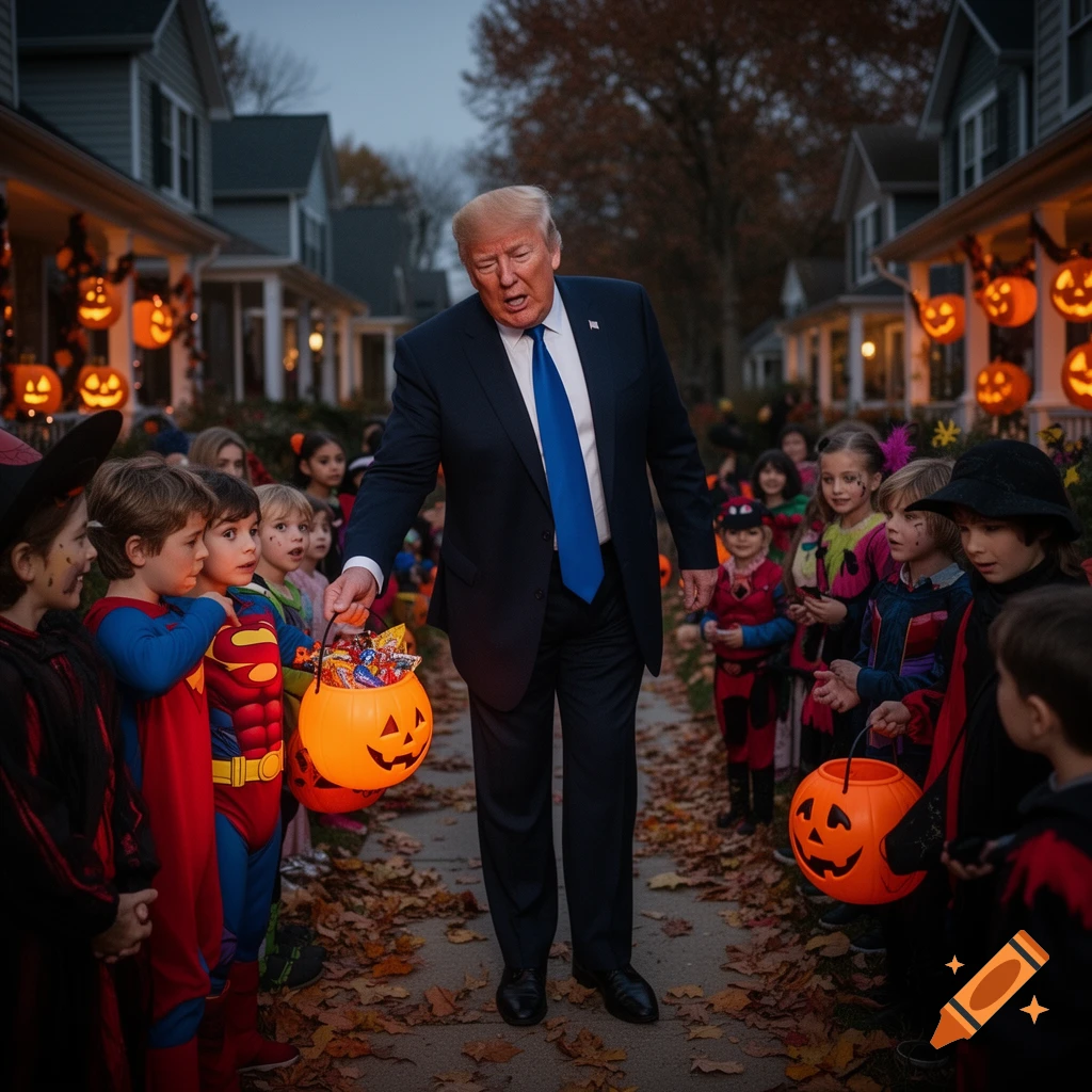 Donald Trump in a suit gives candy to children in Halloween costumes on a leaf-strewn street, houses decorated with jack-o'-lanterns.