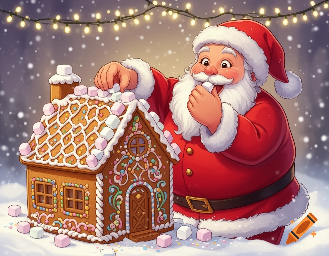 Cartoon Santa Claus decorates a gingerbread house with marshmallows while eating one, surrounded by snow and Christmas lights.